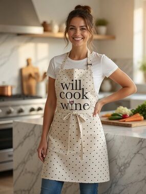 Women’s “Will Cook for Wine” Beige Polka Dot Kitchen Apron